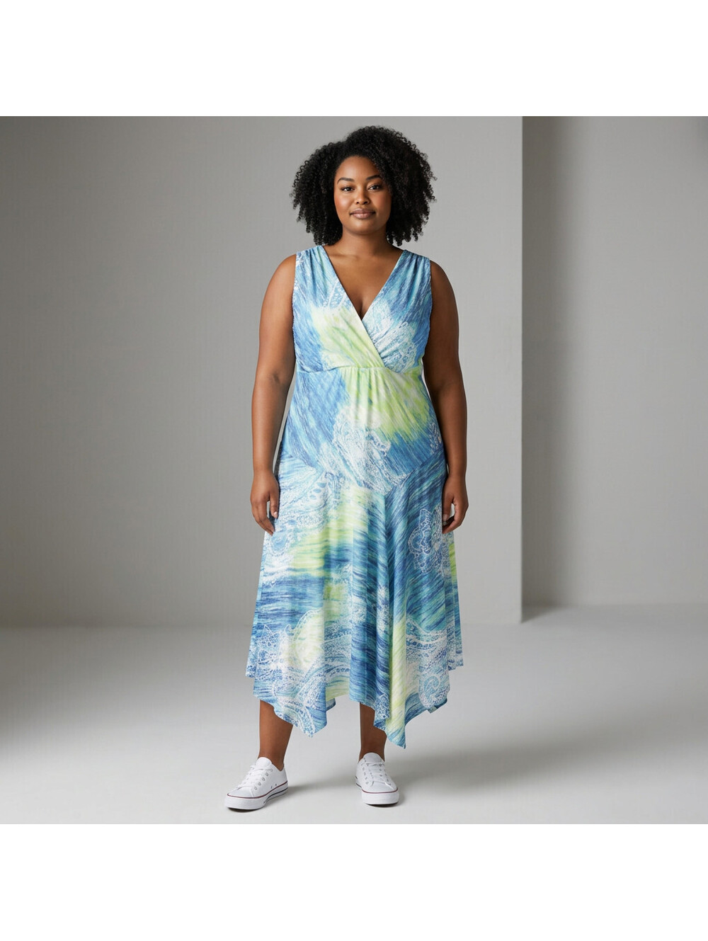Maggie Barnes Dress Women 16W Plus Blue Tie Dye Maxi Long V-Neck Sleeve Casual